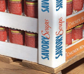 A box of savory soups sits on a wooden pallet