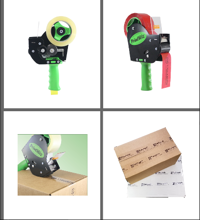Four pictures of a tape dispenser and a box