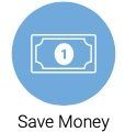 A blue circle with a dollar bill in it and the words `` save money '' below it.
