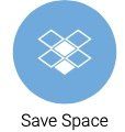 A blue circle with a square in the middle and the words `` save space '' below it.