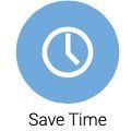 A blue circle with a clock inside of it and the words `` save time '' below it.