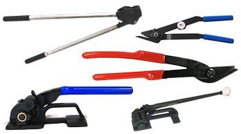 There are many different types of strapping tools on a white background.