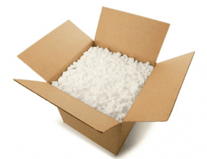 A cardboard box filled with styrofoam packing peanuts