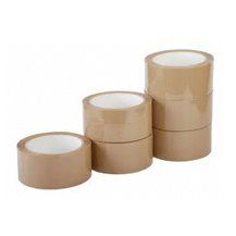 Three rolls of brown packing tape are stacked on top of each other on a white background.