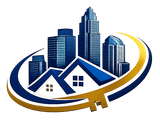 Blue city skyline and house logo encircled by gold swoosh on white background