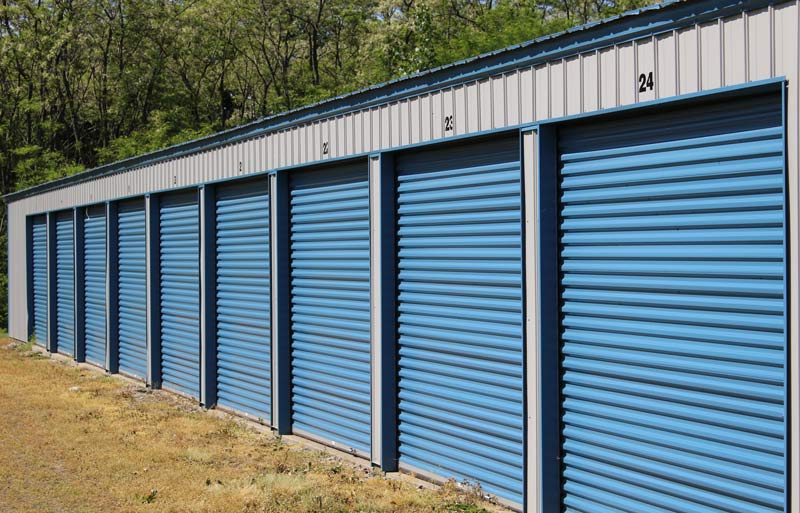 storage units with blue doors