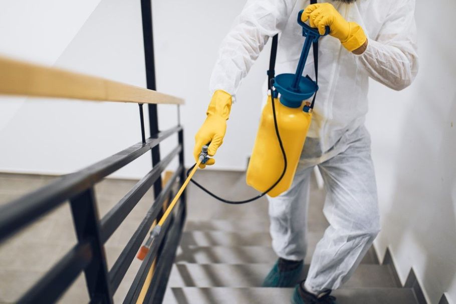 Pest control worker spraying indoor staircase.