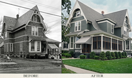 Before-and-after of a renovated Victorian house exterior, changing from worn grayscale to bright green siding and trim.