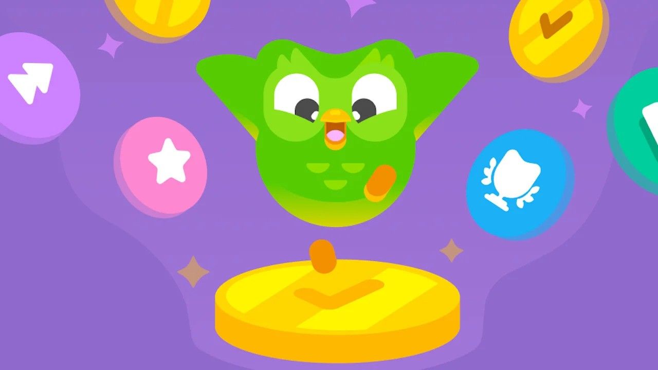 A green owl is sitting on top of a yellow coin on a purple background