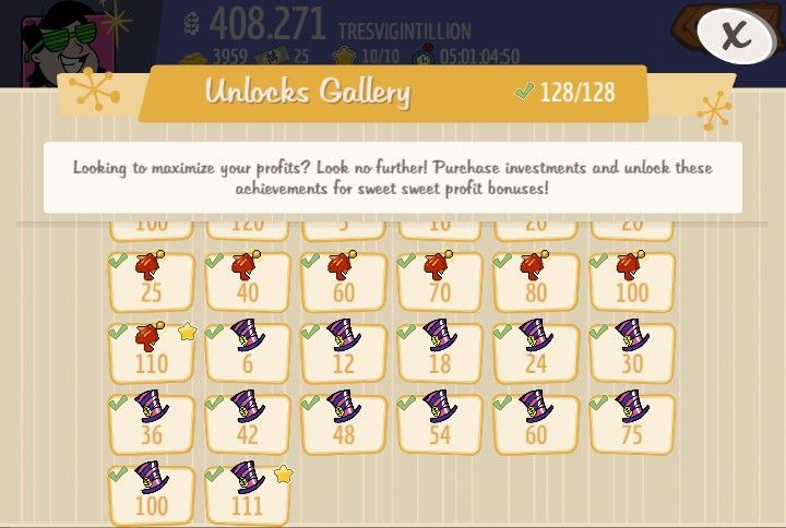 A screenshot of a game called unlocks gallery
