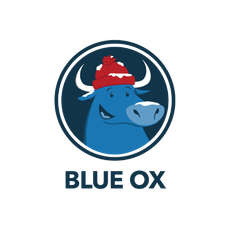 a blue bull wearing a red hat is in a circle .