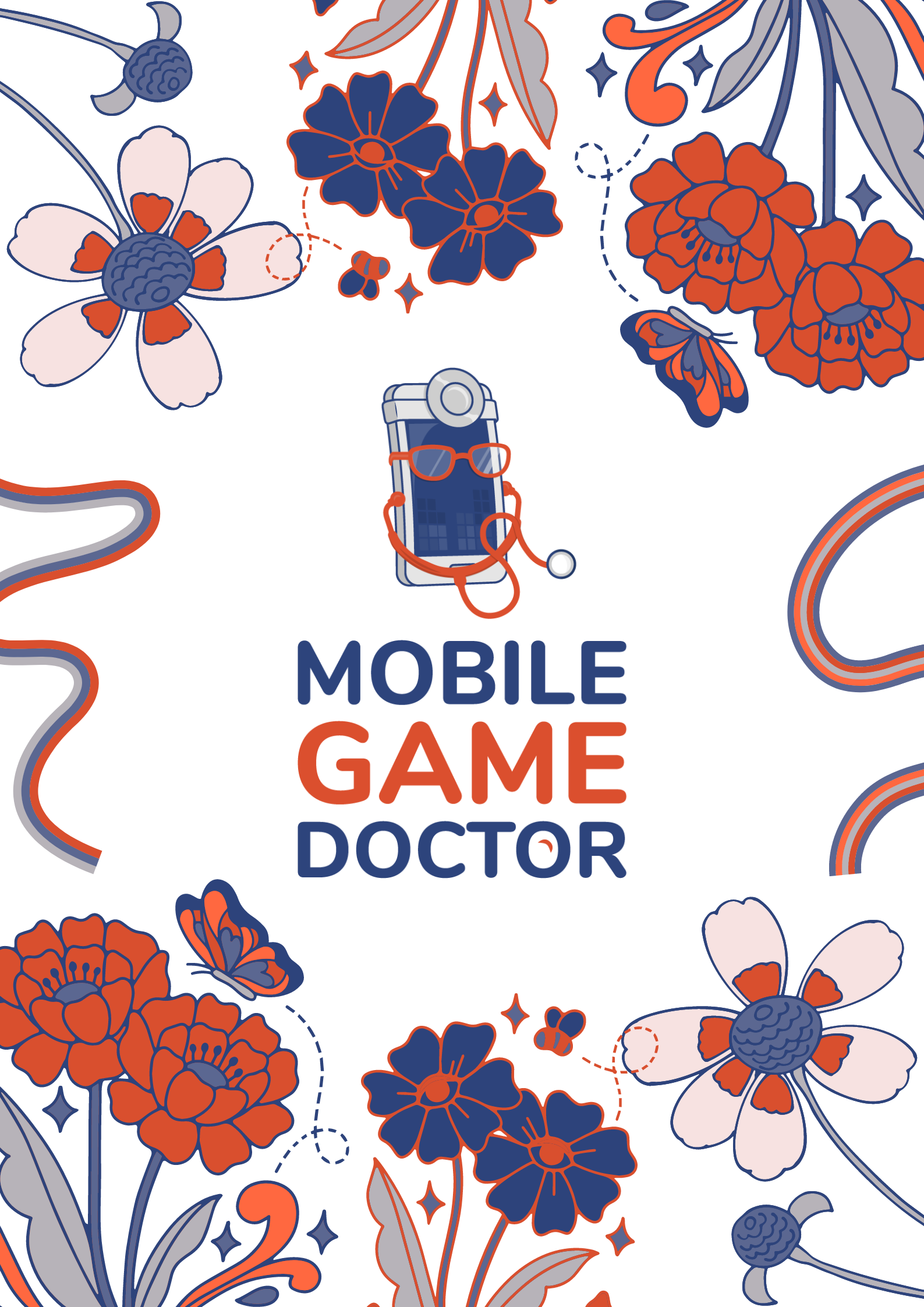 A poster for a mobile game doctor with flowers and butterflies.
