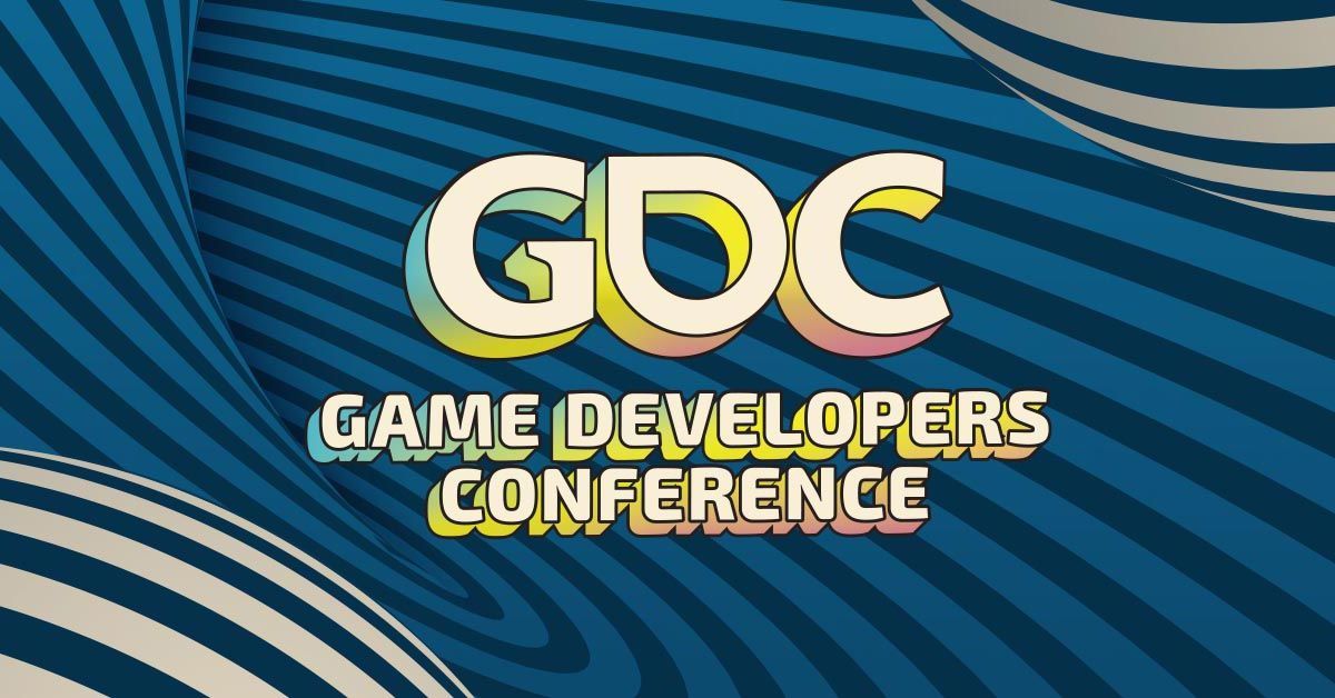 A blue and white poster for the game developers conference.