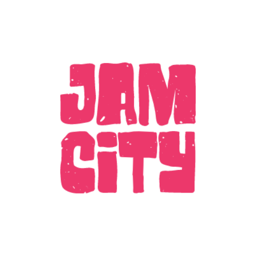 a pink logo for jam city on a white background