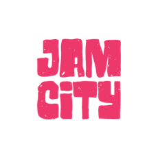 a pink logo for jam city on a white background