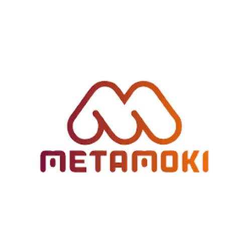 a red and orange logo for metamoki on a white background