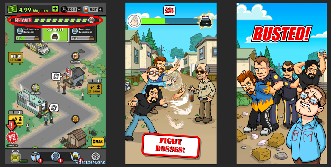 Three screenshots of a video game called busted