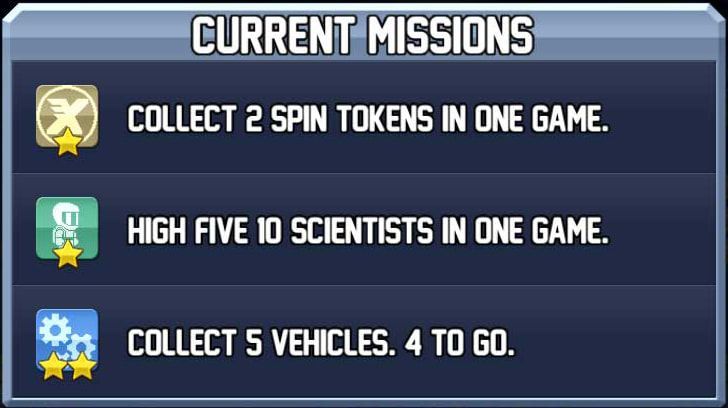 A screen that says current missions collect 2 spin tokens in one game high five 10 scientists in one game collect 5 vehicles 4 to go
