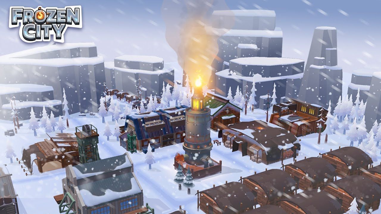 An aerial view of a snowy city in a video game called frozen city.