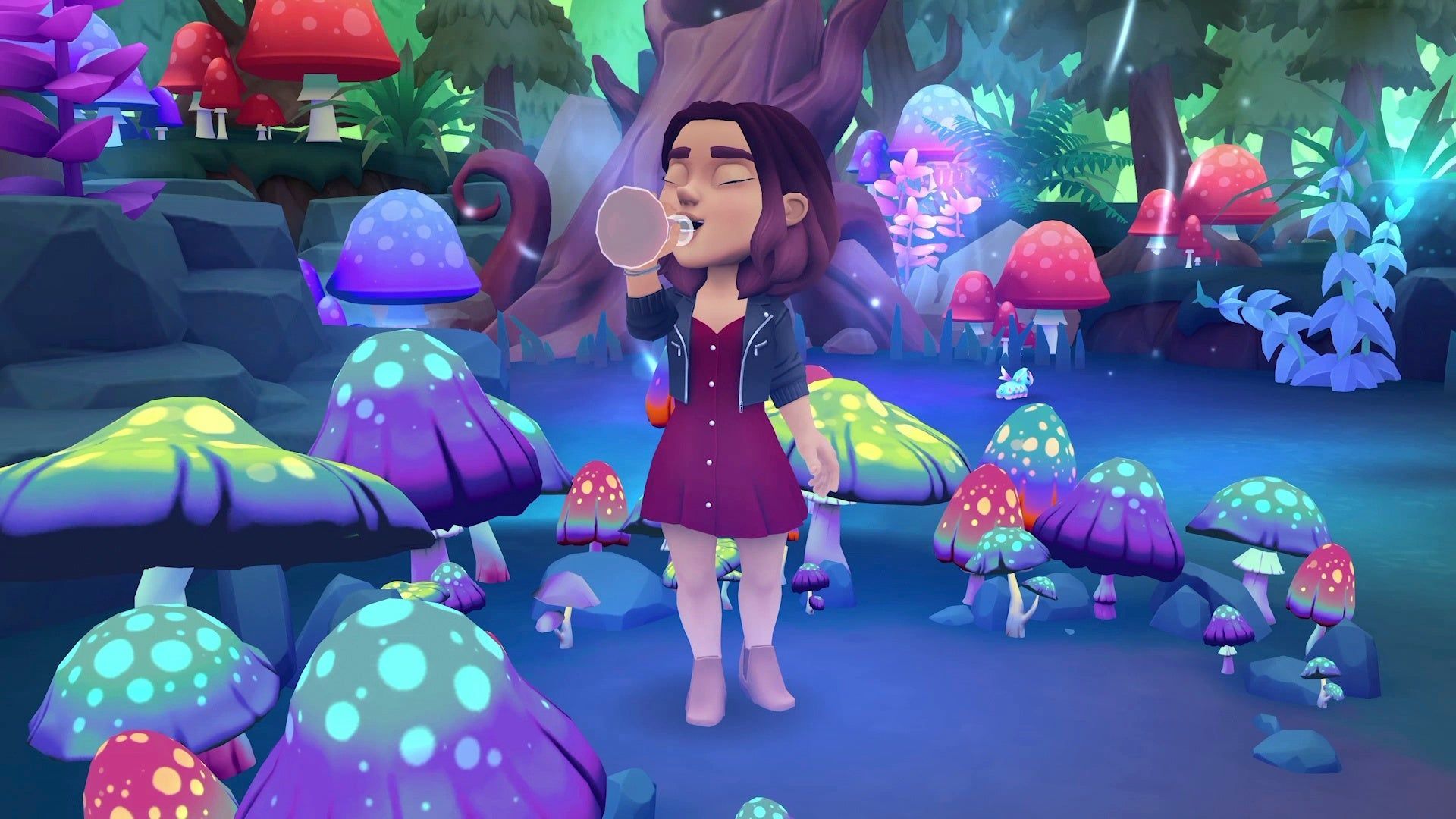 A girl is standing in a forest of mushrooms in a video game.