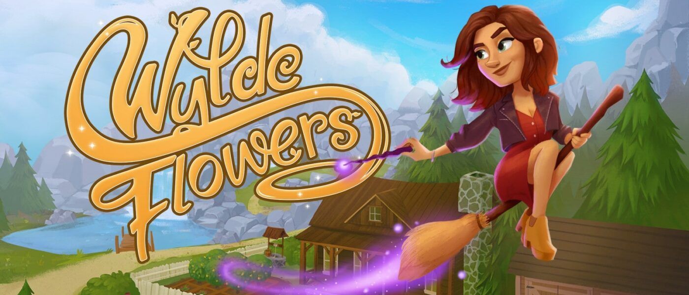 A woman is flying on a broom in a video game called wilde flowers.