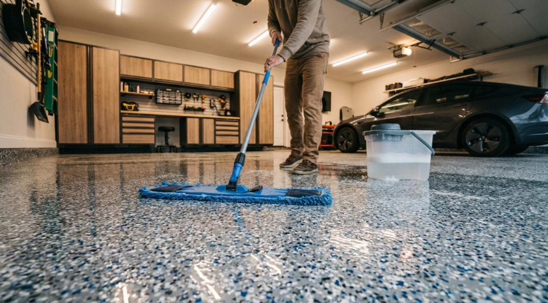 Person mopping a speckled garage floor with a blue mop beside a black car and storage shelves.