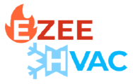 Logo for EZEE HVAC. Text in red and blue. Includes a flame and snowflake icon.