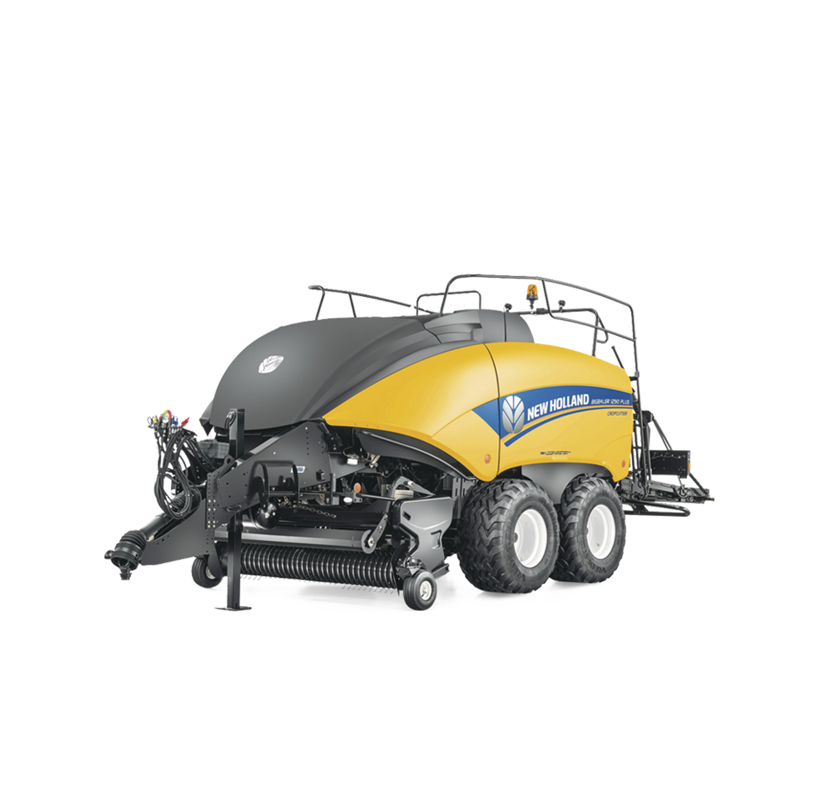 Se muestra una empacadora de heno New Holland sobre un fondo blanco.
