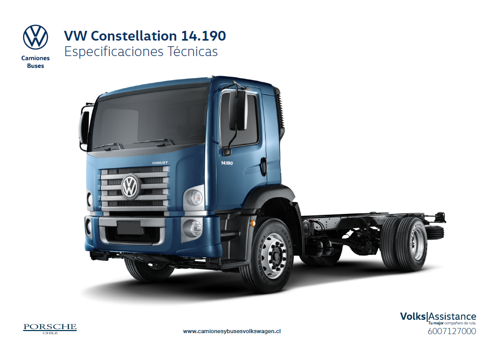 Camión VW Constellation 14.190 azul sobre fondo blanco. Especificaciones técnicas en español.