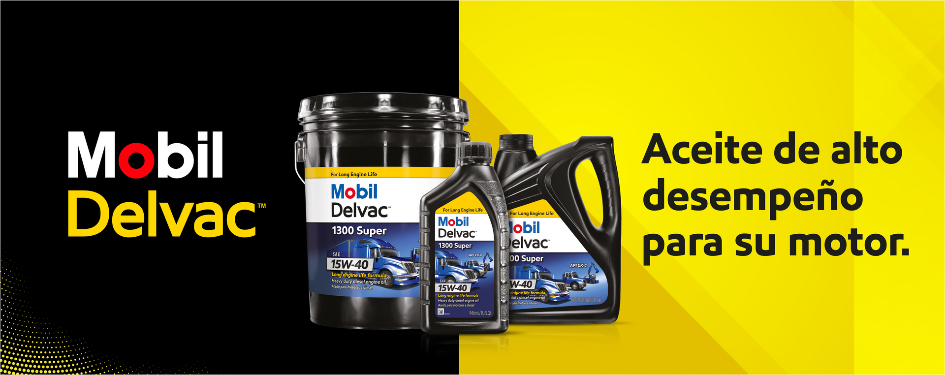 Mobil Delvac oil products with the text 
