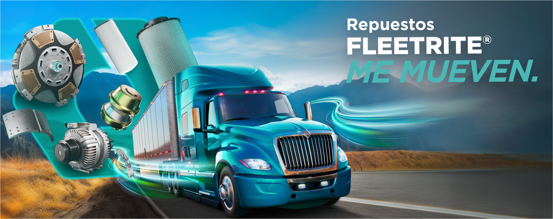 Anuncio de camiones y autopartes en tonos azules con las palabras