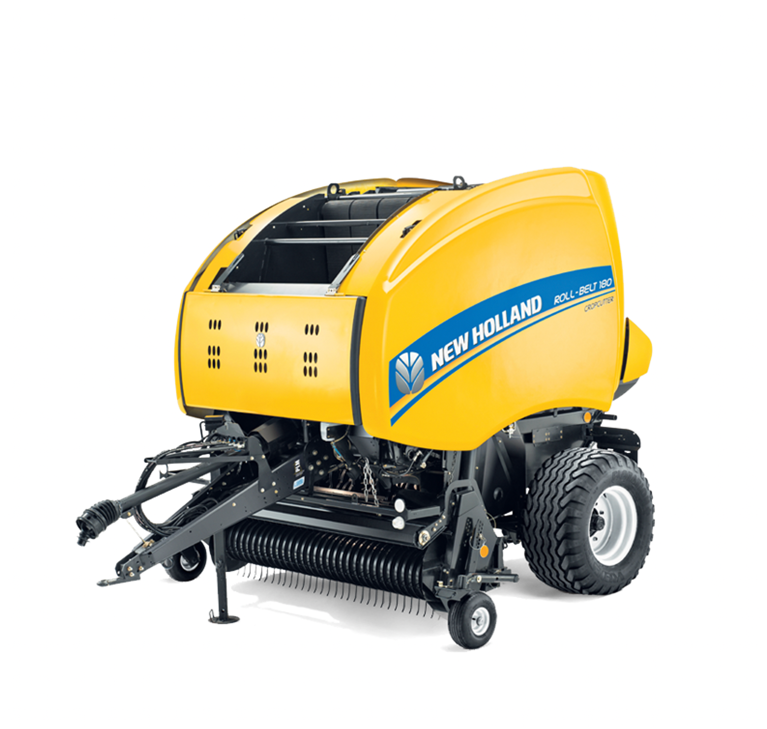 Una empacadora circular New Holland amarilla sobre un fondo blanco