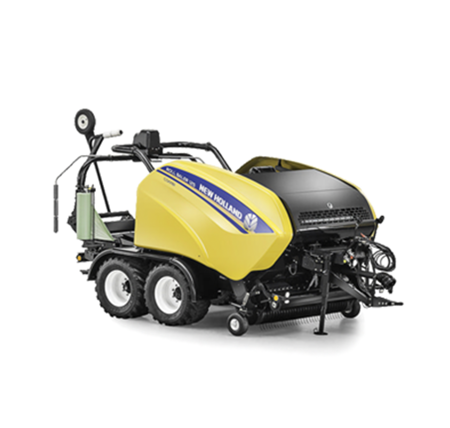 Una empacadora redonda New Holland de color amarillo y azul sobre un fondo blanco.