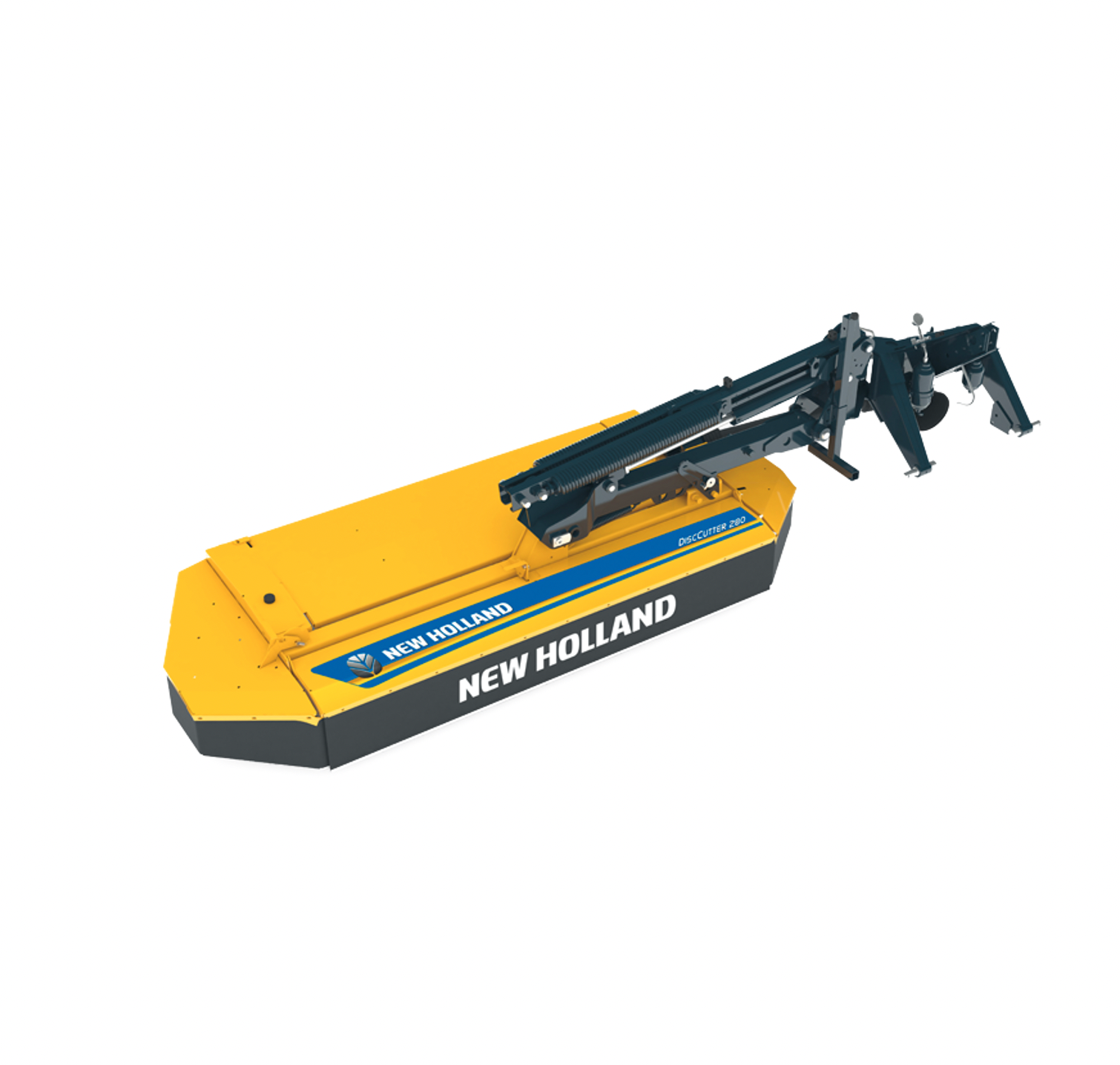 Una cortadora de césped New Holland amarilla y negra sobre un fondo blanco