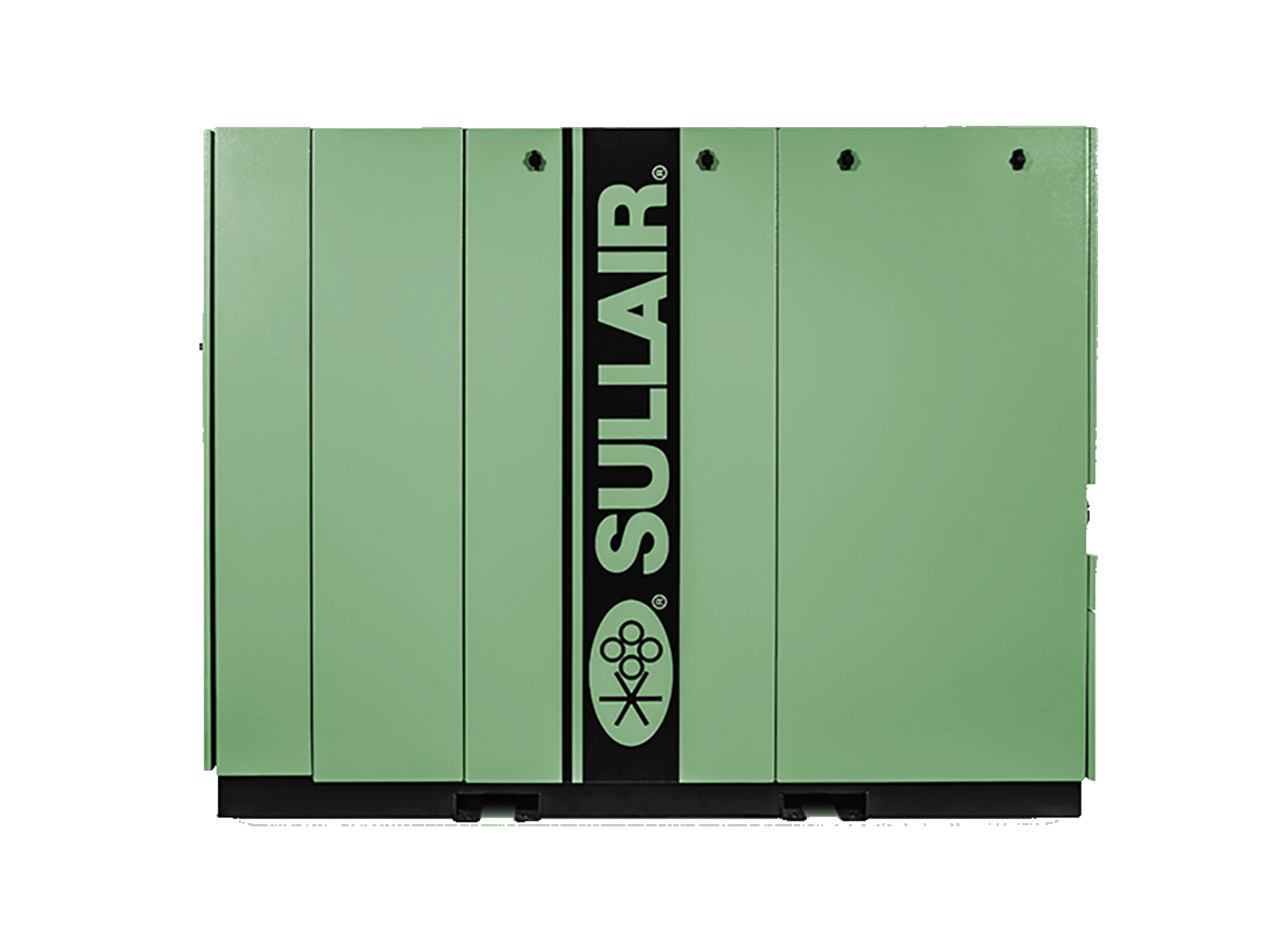 Un compresor de aire Sullair verde y negro sobre un fondo blanco.