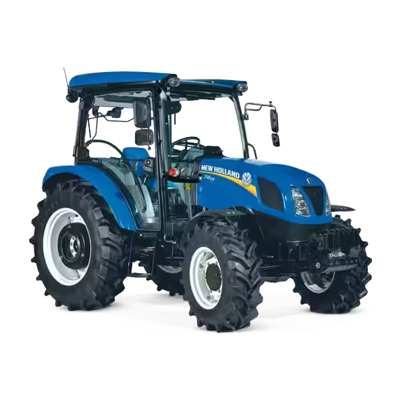 Un tractor azul con un dosel sobre un fondo blanco.