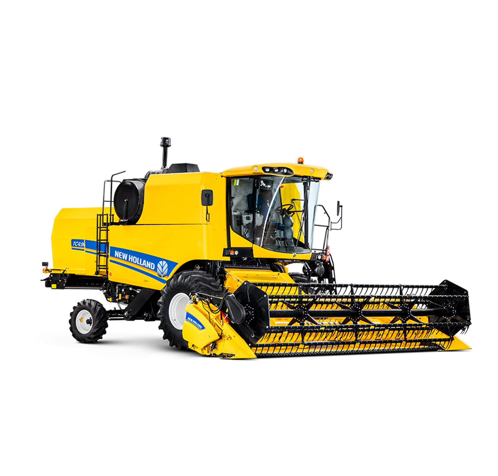 Una cosechadora amarilla está sobre un fondo blanco.