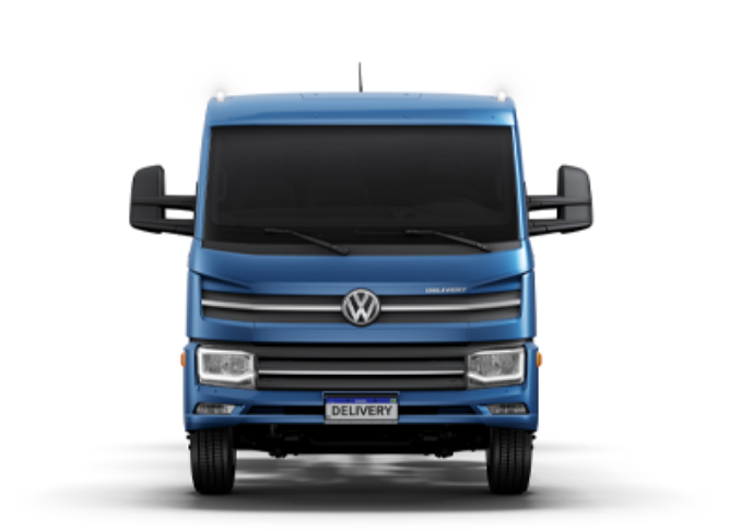 Furgoneta Volkswagen Delivery, color azul, vista frontal, con matrícula que dice 