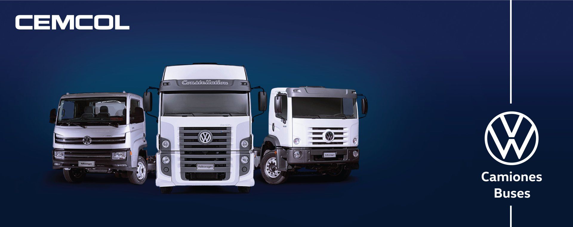 Un grupo de camiones Volkswagen están alineados sobre un fondo azul.