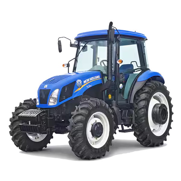 Un tractor azul con neumáticos blancos sobre un fondo blanco.