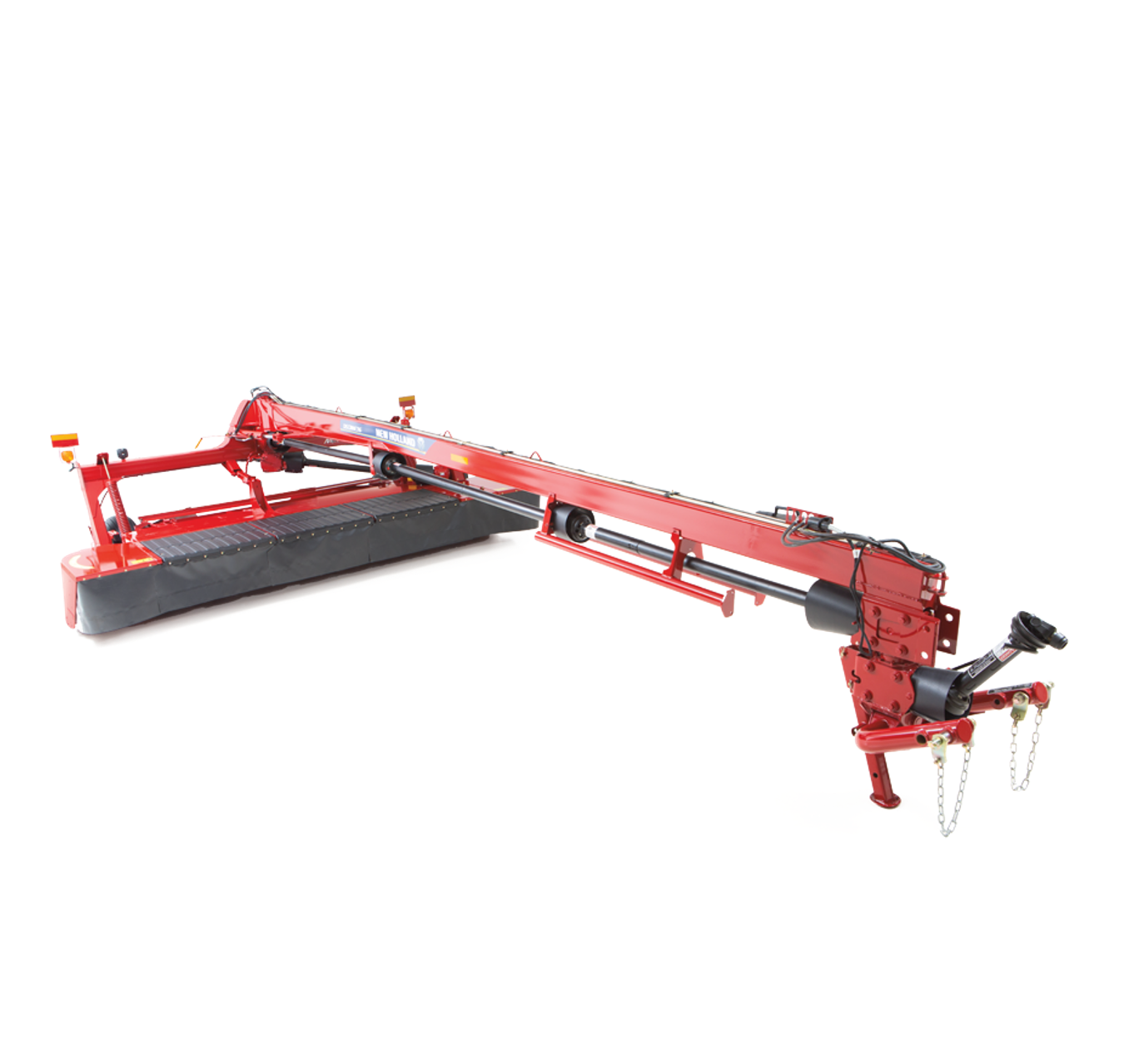 Una cortadora de césped roja y negra con un brazo largo unido a ella.