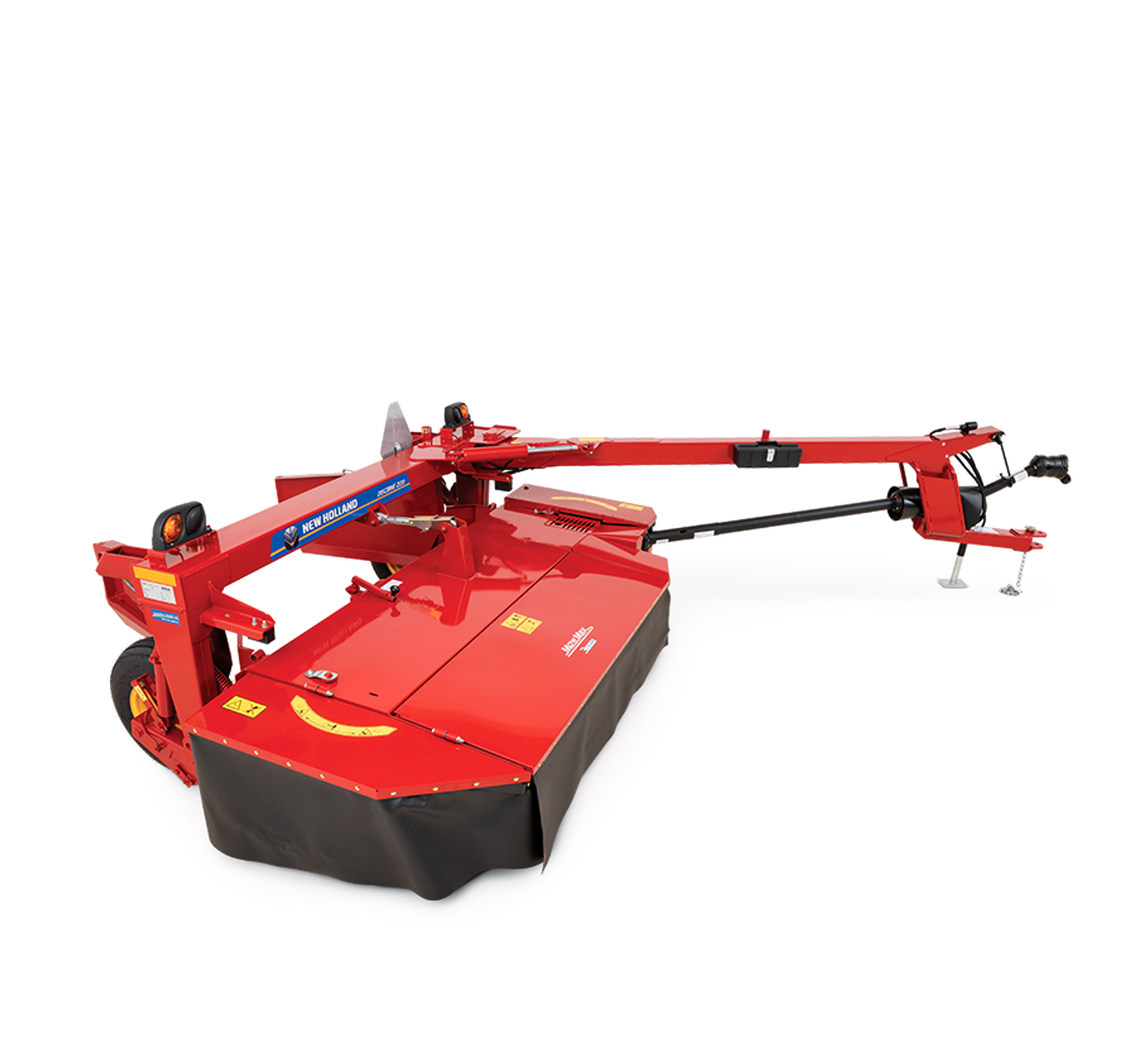 Una cortadora de césped roja y negra está sobre una superficie blanca.