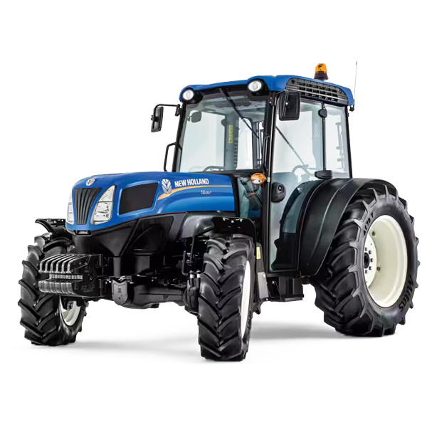 Un tractor azul y negro sobre un fondo blanco.