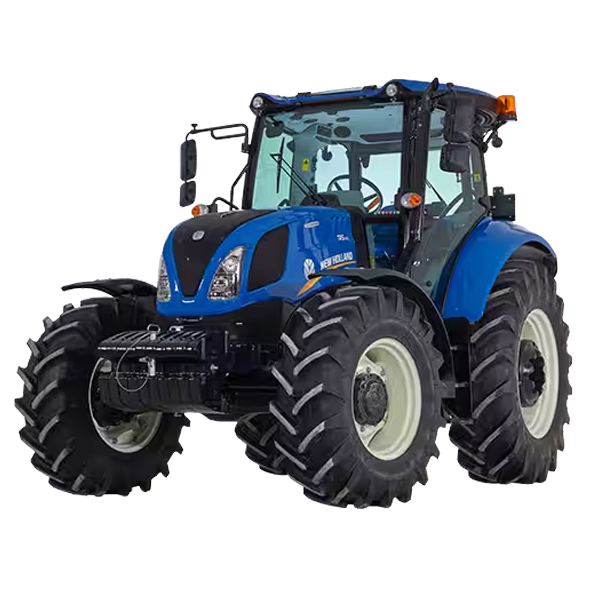 Un tractor azul con neumáticos negros sobre un fondo blanco.