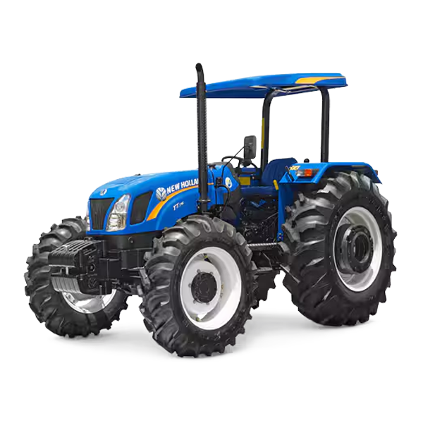 Un tractor azul con un dosel sobre un fondo blanco.