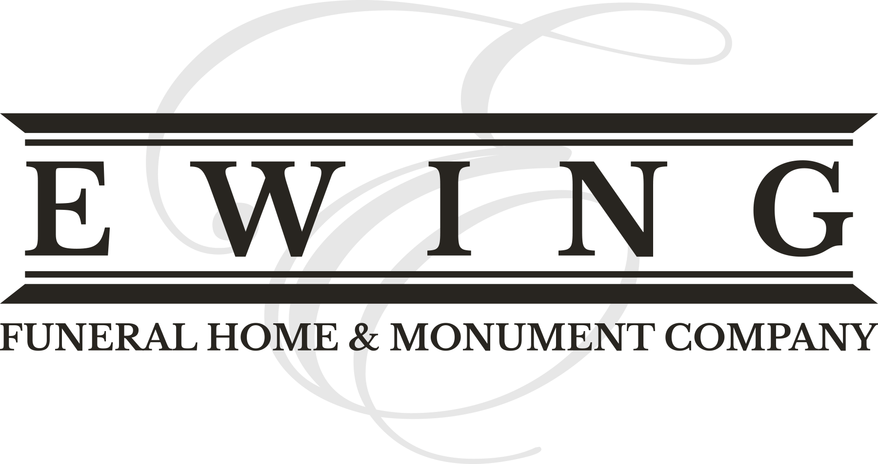 Ewing Funeral Home & Monument Company logo in black and gray serif text with decorative flourish