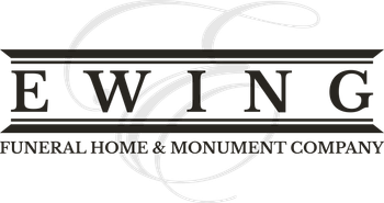 Ewing Funeral Home & Monument Company logo in black and gray serif text with decorative flourish