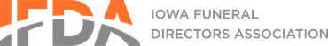 Iowa Funeral Directors Association logo with stylized orange and gray letters on a white background