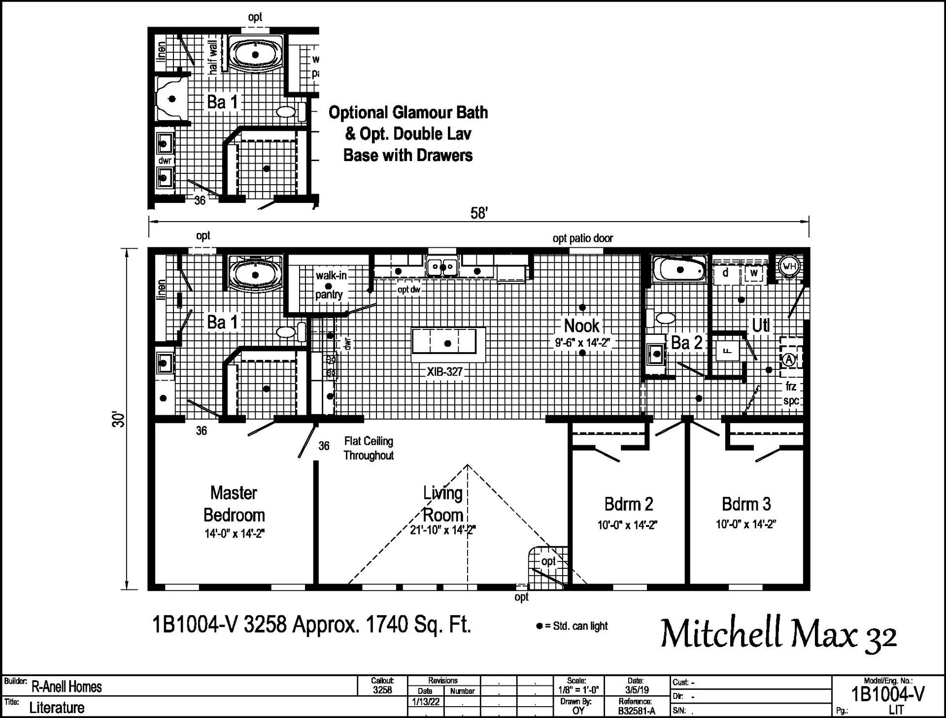 A black and white floor plan of a mobile home called mitchell max 32