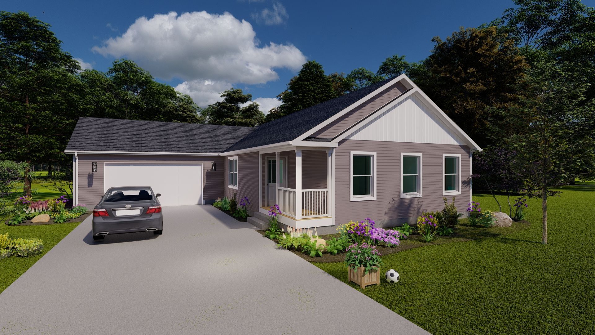 A car is parked in front of a house with a garage.